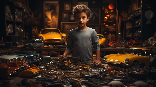 Niño con una colección de autos.