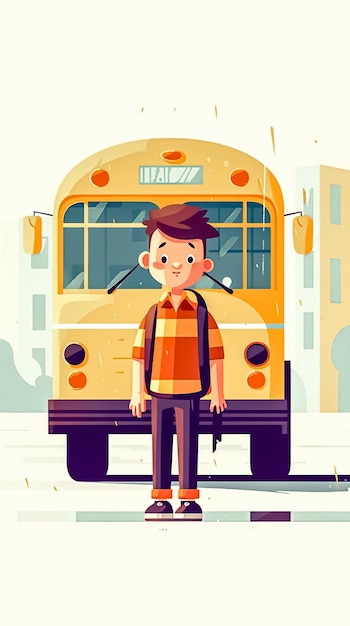 Foto niño colegial y autobús escolar estilo plano ilustración creativa generativa ai