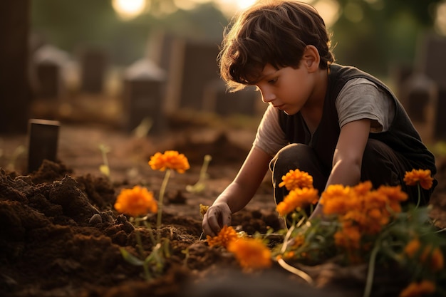 Un niño colocando flores en una tumba para conmemorar el día de los muertos