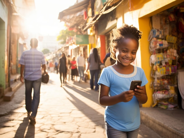 Niño de Colombia usando un teléfono inteligente para jugar