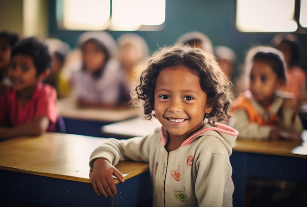 Un niño colombiano está sentado en clase sonriendo.