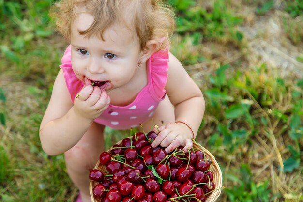 El niño come cerezas en el jardín Enfoque selectivo