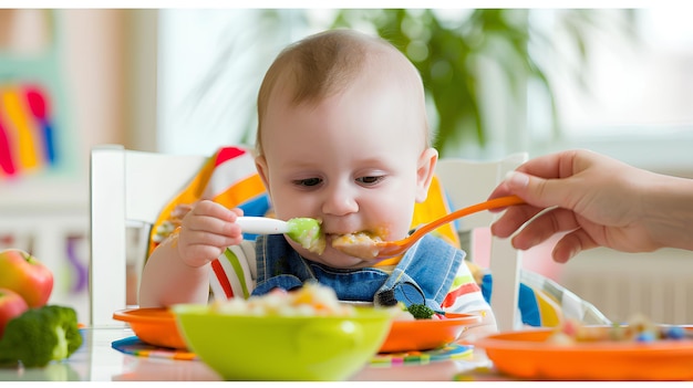 Un niño come de las cucharas que sostiene.