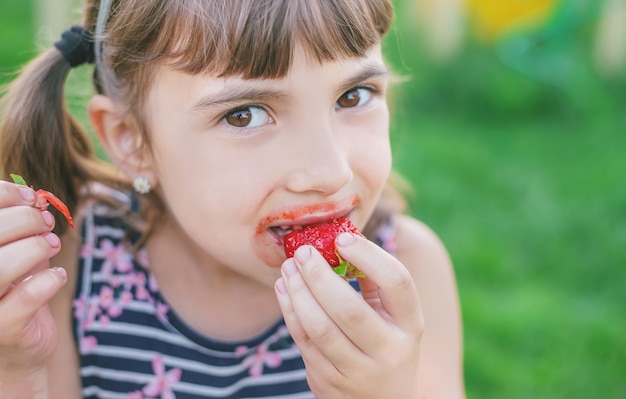 El niño come fresas en verano.