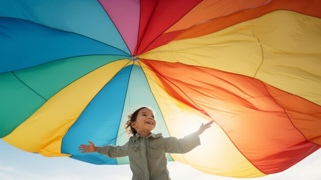 Niño con una cometa de color arco iris