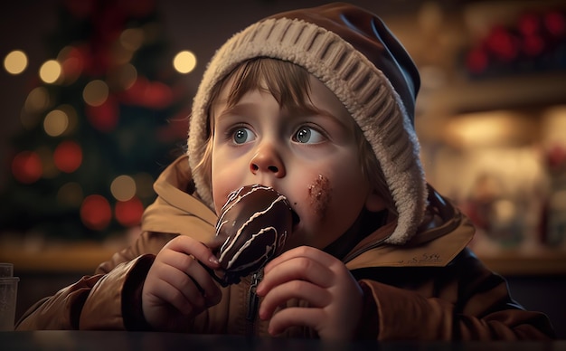Niño comiendo chocolate en nochebuena