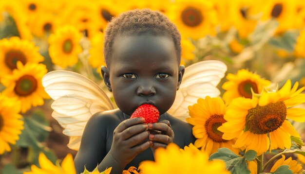 un niño comiendo una fresa con una mariposa en la cara