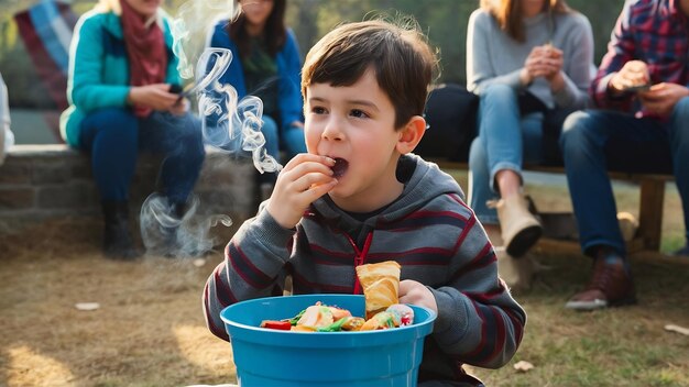 Niño comiendo fumando astuto en la cubeta gente y bocadillo tiempo feliz