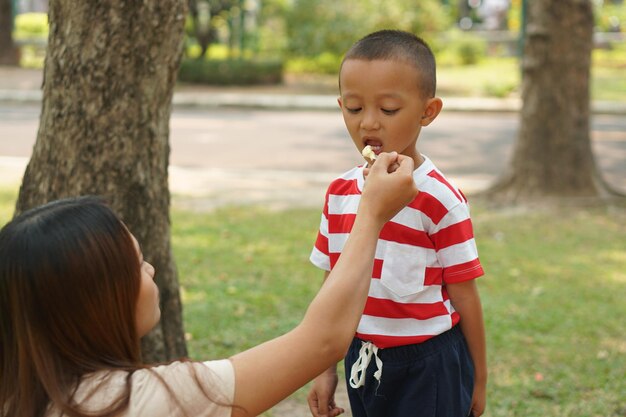 El niño comió helado que le dio su madre.