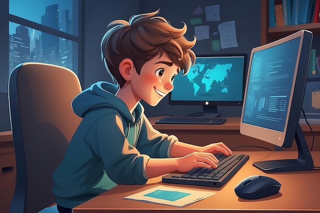 Niño en la computadora Niño de dibujos animados aprendiendo en el escritorio con computadora portátil Estudiante estudiando el concepto de vector de código