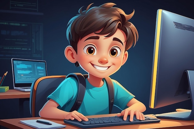 Niño en la computadora Niño de dibujos animados aprendiendo en el escritorio con computadora portátil Estudiante estudiando el concepto de vector de código