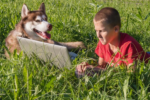 Un niño con una computadora portátil yace en la hierba en un perro husky