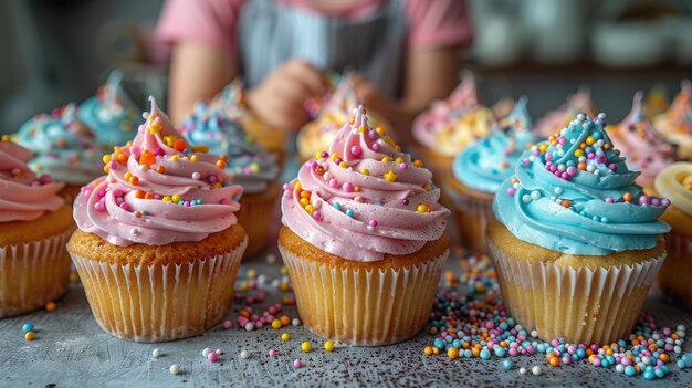 El niño se concentra en decorar pasteles de colores