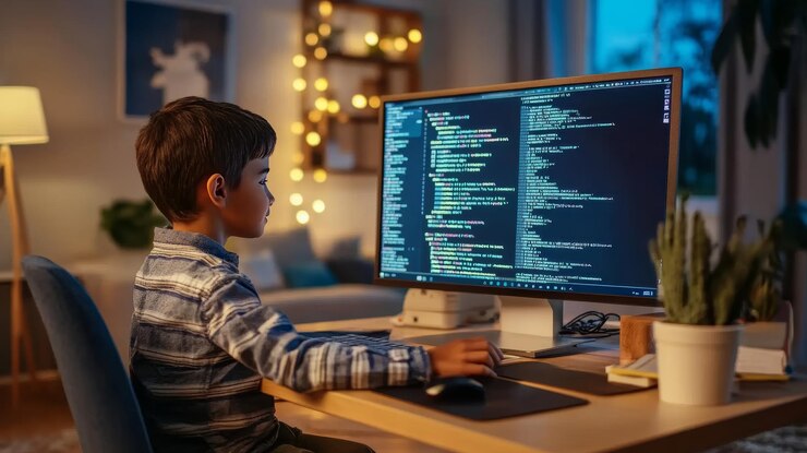 Foto niño concentrado en la programación niño aprendiendo a codificar en la computadora en casa por la noche