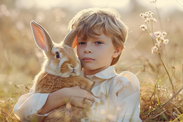 Un niño con conejo de Pascua fondo de color de verano Concepto de tarjeta de Pascua feliz