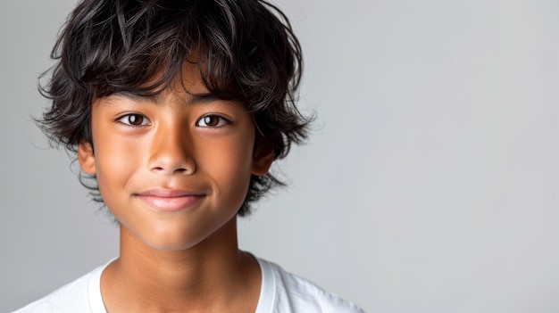 Foto niño confiado con una sonrisa encantadora y el cabello desordenado retrato casual