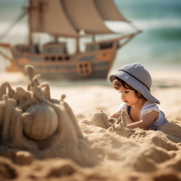 Un niño construyendo un castillo de arena en una playa con un barco en el fondo.