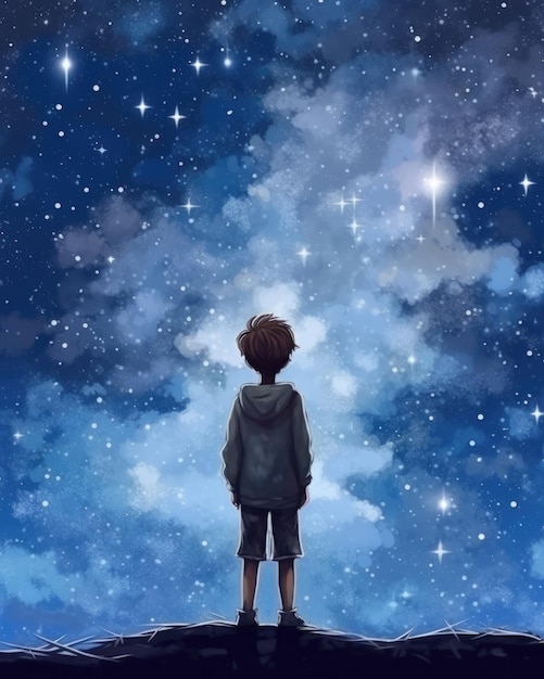 Un niño contempla el cielo nocturno estrellado con un destello galáctico IA generativa