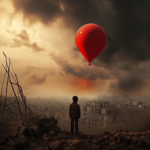 Un niño contempla la destrucción de su ciudad con un globo rojo volando en el cielo