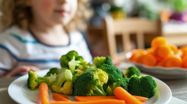 Niño contemplando un plato de verduras en el interior