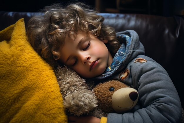 Un niño contento se queda dormido con su osito de peluche favorito. IA generativa