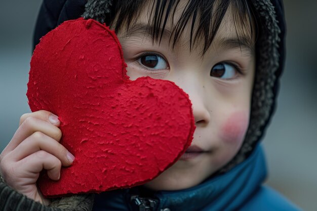 Niño con un corazón rojo como símbolo de amor y cuidado