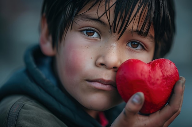 Niño con un corazón rojo que simboliza el amor y el cuidado