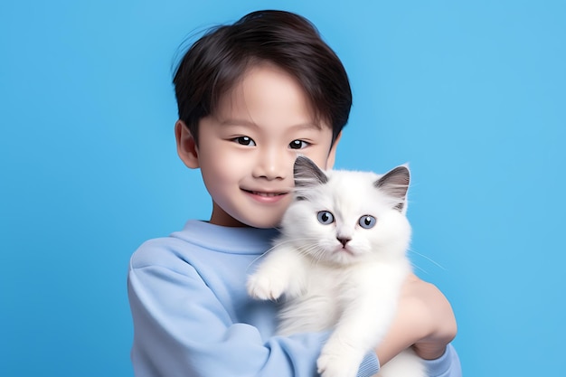 niño coreano sosteniendo gato sonriendo pose foto realista hd fondo azul suave