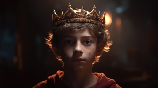Un niño con una corona en la cabeza se para en una habitación oscura.