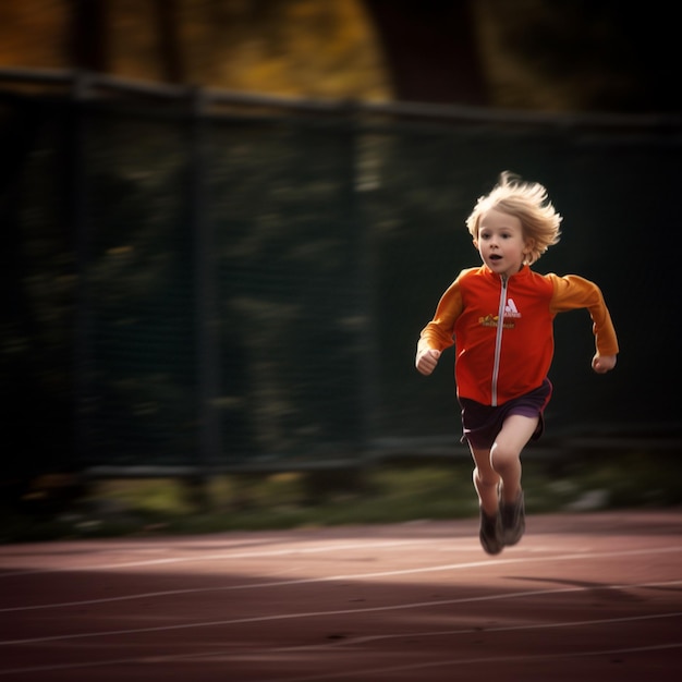 Un niño corre en una pista con una chaqueta roja.