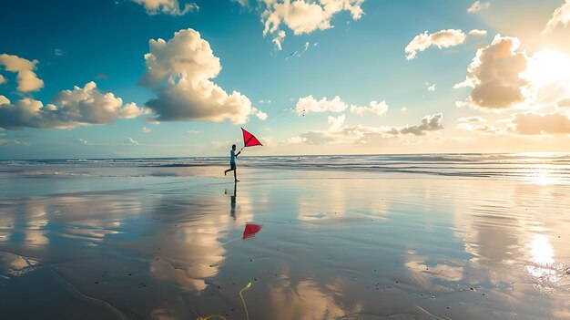 El niño corre por la playa con una cometa roja volando detrás de él el sol se está poniendo y el cielo es un naranja brillante el niño es feliz y despreocupado