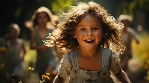 niño corriendo por el bosque con luz del atardecer ai generativa