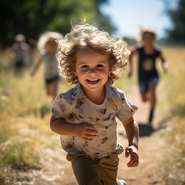 Niño corriendo en un campo con su familia