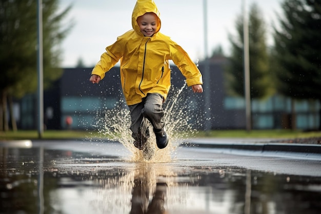 Niño corriendo por el charco después de la lluvia