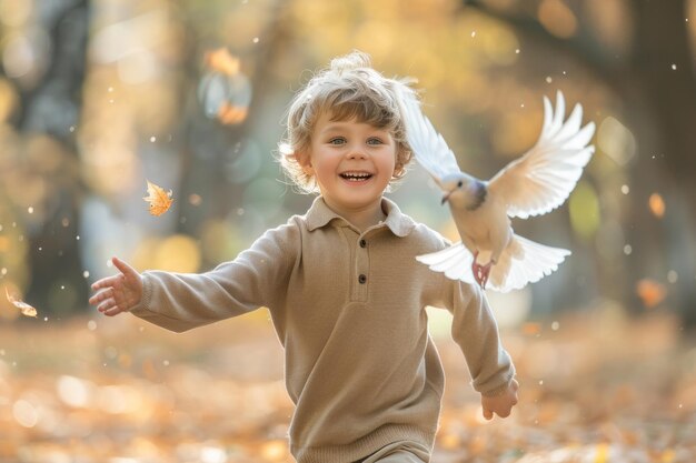 Foto niño corriendo feliz y emocionado tras un pájaro en el parque