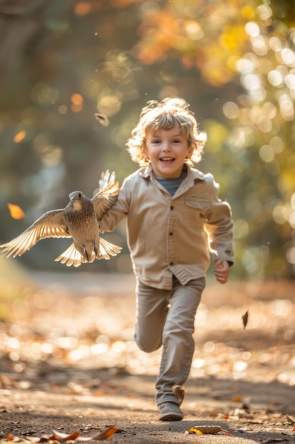 Niño corriendo feliz y emocionado tras un pájaro en el parque