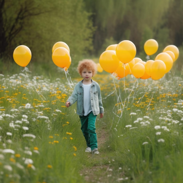 Niño de cuatro años con globos camina en un prado verde