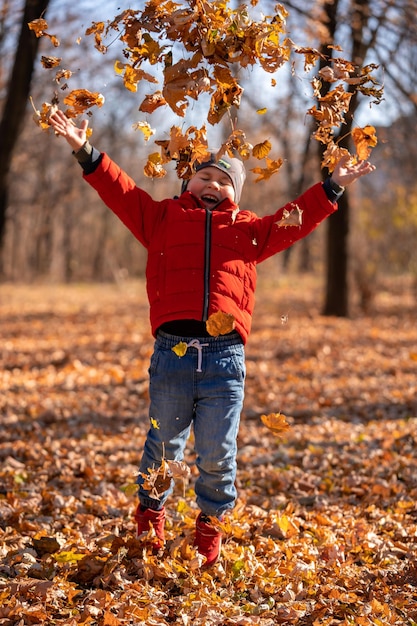 Niño de cuatro años juega en el parque de otoño. El niño salta y lanza hojas. Niño feliz caminar al aire libre.