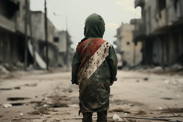 Foto niño cubierto con la bandera de palestina