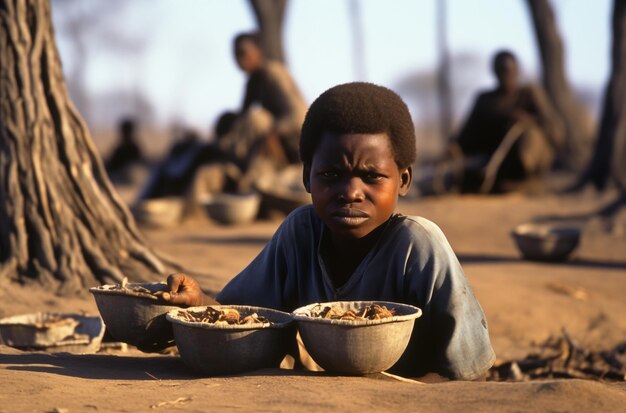 Niño con cuencos de comida en el pueblo