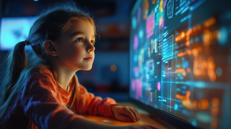 Foto niño curioso explorando el mundo digital en una pantalla de computadora con gráficos y códigos coloridos en una habitación con poca luz