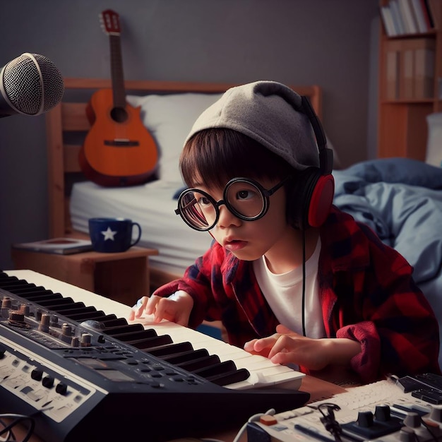 Foto niño curioso y genial produciendo música en el dormitorio