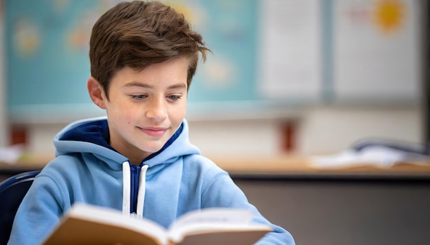 Niño curioso con libro en el espacio de copia del aula