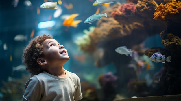 Un niño curioso miraba con asombro a los coloridos peces marinos y corales.