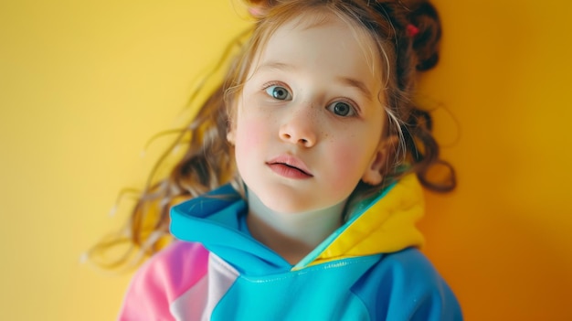 Un niño curioso con ojos anchos y pecas en una sudadera de colores