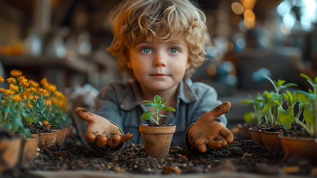 Niño curioso plantando en el suelo explorando la naturaleza la generación futura se preocupa por el medio ambiente ama la belleza de la tierra AI