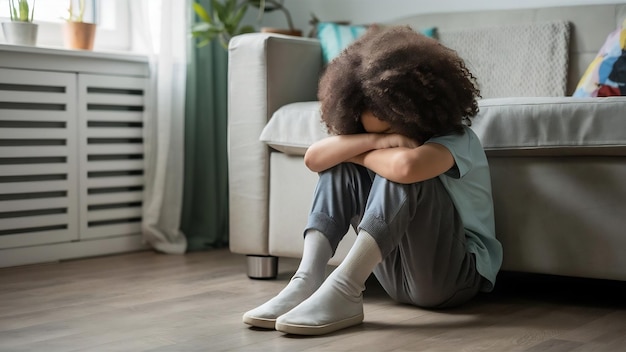 Foto un niño cuya depresión está sentado en el suelo