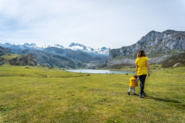 Un niño dando sus primeros pasos en el lago Ercina en primavera con flores amarillas en los lagos de Covadonga Asturias España