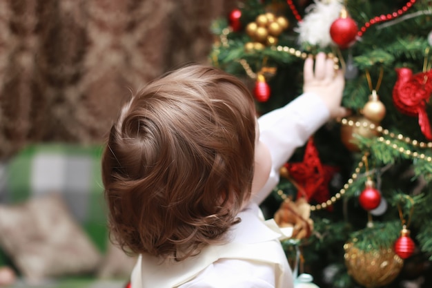 Niño decora el juguete del árbol de Navidad