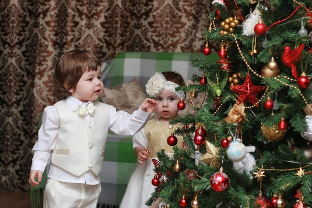 Niño decora el juguete del árbol de Navidad